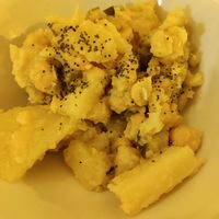 Potato and chickpea salad for the menu starter at CactusCat Bar in Barcelona