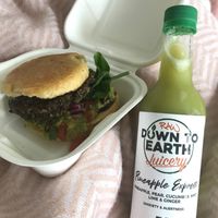 Vegan sausage and avo muffin. The salsa makes it! 
Also an amazingly good juice with pineapple and ginger at Down to Earth in Glasgow