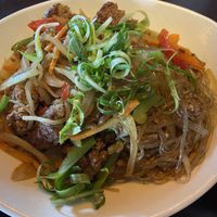 Japchae with mock burger meat  at Arario Midtown in Reno