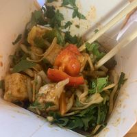 Udon noodles (without eggs) with shiitake, tofu, paprika, cilantro and red asian sauce  at Wok to Walk - Warmoesstraat in Amsterdam