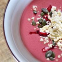 Cherry’s soup with oil sand (vegan)  at Bar Hola Flora in Burgos