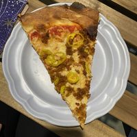 Vegan sausage and cheese pizza with banana peppers   at Zorch Pizza in Richmond