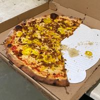 Vegan pizza with vegan sausage and banana peppers    at Zorch Pizza in Richmond