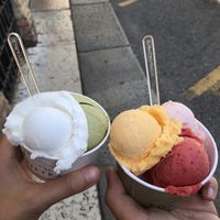 Coconut and pistachio left, strawberry grapefruit and melon right at Gelateria Ponte Pietra in Verona