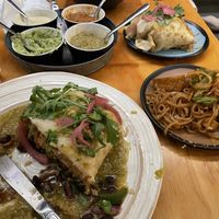 Teriyaki tofu & veggies burrito + mex pad thai w/o egg + salsa sampler to split between me and my veggie friend! ♡   at Lalo in Cincinnati