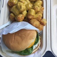 Vegan Burger and tarot toys with cheese at The Veggie Yeti in Denver