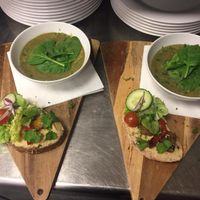 Lunch combo with spinach-coconut soup at Café Forum in Maastricht