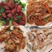crispy chik n,  panfried noodles with veg and tofu fried oyster mushrooms and dumplings at Vegi Wokery in Cerritos
