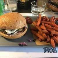 Vegan Falafel burger with sweet potato fries  at QuBe in Jesolo