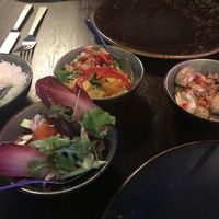 The main course - three differ t fishes, including pumpkin tofu curry  at Blue Pepper in Amsterdam