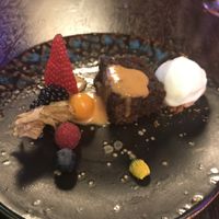 Dessert: sorbet, pumpkin chocolate cake and berries  at Blue Pepper in Amsterdam