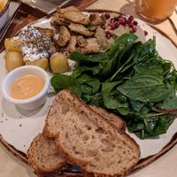 Food market: "no chicken", salsa chipotle, baba ganoush and potatoes at Margarito in Bilbao