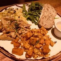 Soy chicken, pesto fusilli, chickpea/potato/cauliflower   at Margarito in Bilbao