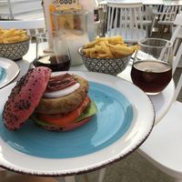 Burgers and fries at Roof Burger Lab in Rhodes