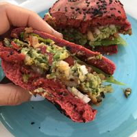 Close up of the veggie burger with no yoghurt and we added bbq sauce at Roof Burger Lab in Rhodes