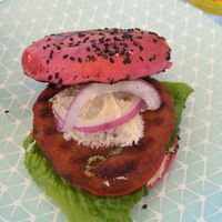 Veggie burger with hummus at Roof Burger Lab in Rhodes
