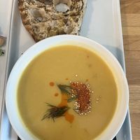 Market soup & toasted sourdough bread   at Frankie We Salute You! in Kelowna