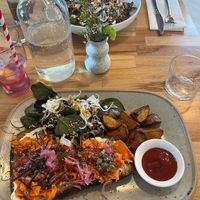 Smoked carrot “lox” on sourdough toast and a blueberry lychee lemonade.   at Frankie We Salute You! in Kelowna