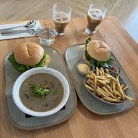 Frankie Cheeseburger with soup and fries  at Frankie We Salute You! in Kelowna