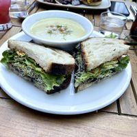Market soup(broccoli)(very yummy… even on a 34C day)and Chef’s garden sandwich . We both had a house lemonade and they were great.. not too sweet.. just right!!  at Frankie We Salute You! in Kelowna