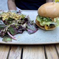 Frankie cheeseburger and blueberry pistachio spinach salad  at Frankie We Salute You! in Kelowna