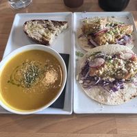 Coconut & yam soup + celeriac tacos   at Frankie We Salute You! in Kelowna