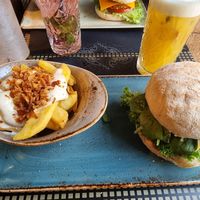 Truffle burger with "beef"patty and added vegan cheese. at Peter Pane in Rostock