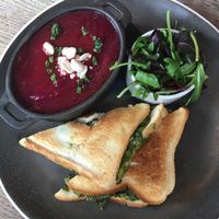 Vegan mozzarella, basil and pine nut toastie with beetroot soup lunch special at Three Tuns in Romsey