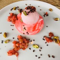 Rhubarb sorbet with vegan meringue with rhubarb and pistachio  at Three Tuns in Romsey