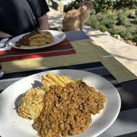 Lentils with fries & rice. Unusual combination but super delicious (+ a cute cat)!  at Polis Herb Garden in Paphos