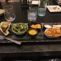  Vegan Board (veggie taco), crispy Brussels, fried polenta, cashew cheese with flatbread, Buffalo cauliflower bites with vegan ranch)  at Divvy in Carmel