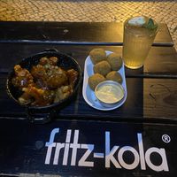 Cheese balls and bbq wings and lemonade  at Vegan Junkies in Lisbon