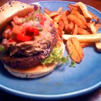 "Mathematics" burger with guacamole and homemade ketchup at Vegan Junkies in Lisbon