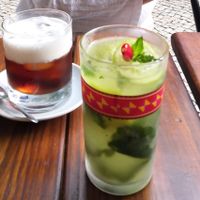 Left: “The Dude’s” (vodka, Kahlua base), right: “Can I kick it?” (coconut rum, lime juice, mint, jalapeño)  at Vegan Junkies in Lisbon
