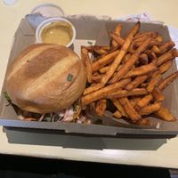 BBQ burger and sweet potato fries 😊 at MTHR Vegan in New York City