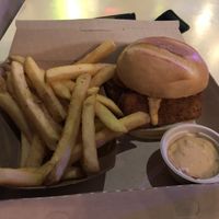 Chicken fried tofu burger with fries  at MTHR Vegan in New York City