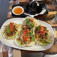 Edamame and coconut moneybags (gluten free) and san choy bow  at Yulli's in Surry Hills