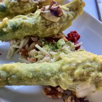 Zucchini flowers with beetroot and cheese filling  at Yulli's in Surry Hills