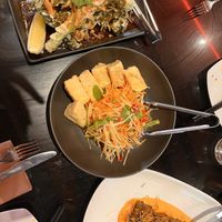 Spread with broccolini, crispy tofu and eggplant   at Yulli's in Surry Hills