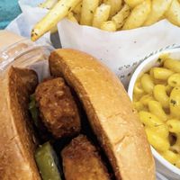 Chick’n Burger, Patch Sauce, Shovel of Spuds and Mac & Cheese  at Burger Patch in Sacramento
