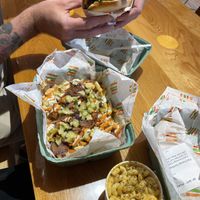 Beef burger in back, shovel fries in middle and Mac and cheese bottom right.   at Burger Patch in Sacramento