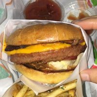 (Blurry pic of the bbq burger and fries) at Burger Patch in Sacramento