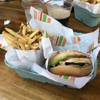 “Chickn” burger and fries  at Burger Patch in Sacramento