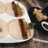 Duck pancakes, fake calamari, and salt and pepper tofu at West End Vegan Restaurant in West End