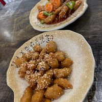 Sweet and sour pork with veggies & lemon chicken  at West End Vegan Restaurant in West End