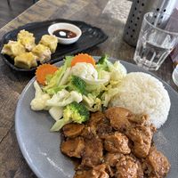 Lemongrass Chik’n with rice and veggies along with the dumplings which were nice but not groundbreaking.  at West End Vegan Restaurant in West End