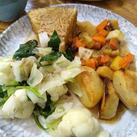 Sunday roast is served until 3. Changes weekly. This week it's a celeriac roast at The Lost ARC in Rhayader