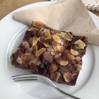 Vegan cheesecake brownie with cherries  at Cafe La Petite Rue in Hamburg