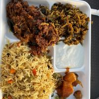 Vegan curries. They have me some yoghurt too which was not necessary but I ate it.  at India Sweets and Spices in Culver City