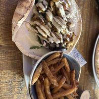 Vegan grilled chicken gyro and chips - delicious   at Head of Steam in Durham